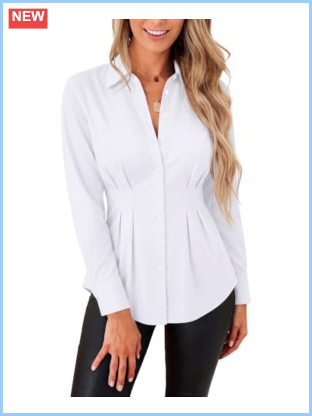 Cinched Waist Fitted Button Down Collared Blouse Long Sleeve Cotton Blend Women